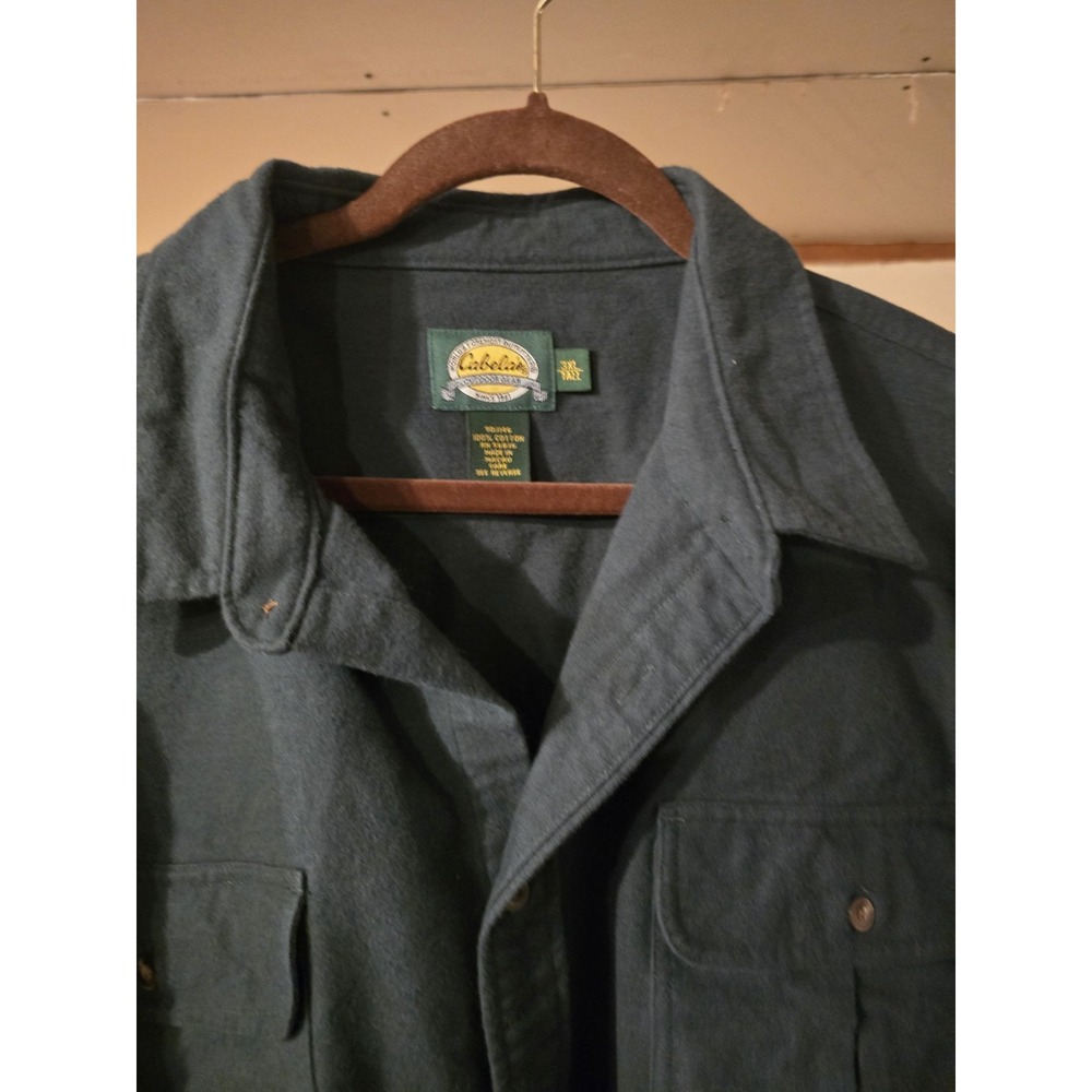 Cabela's Men's 3XLT Big & Tall Dark Green Flannel Cotton Button-Up Shirt Pockets - Picture 2 of 8